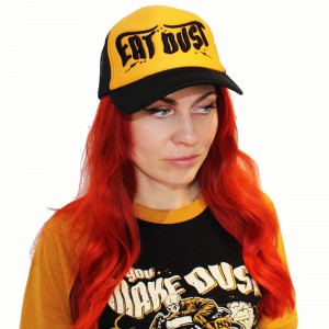 Dragstrip Kustom Eat Dust gold on black trucker cap